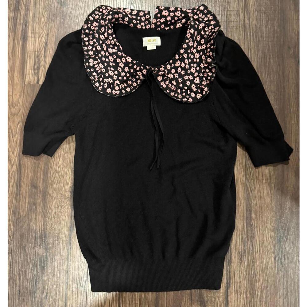 NWOT MAEVE Black Short Sleeve Sweater w Floral Collar size XL